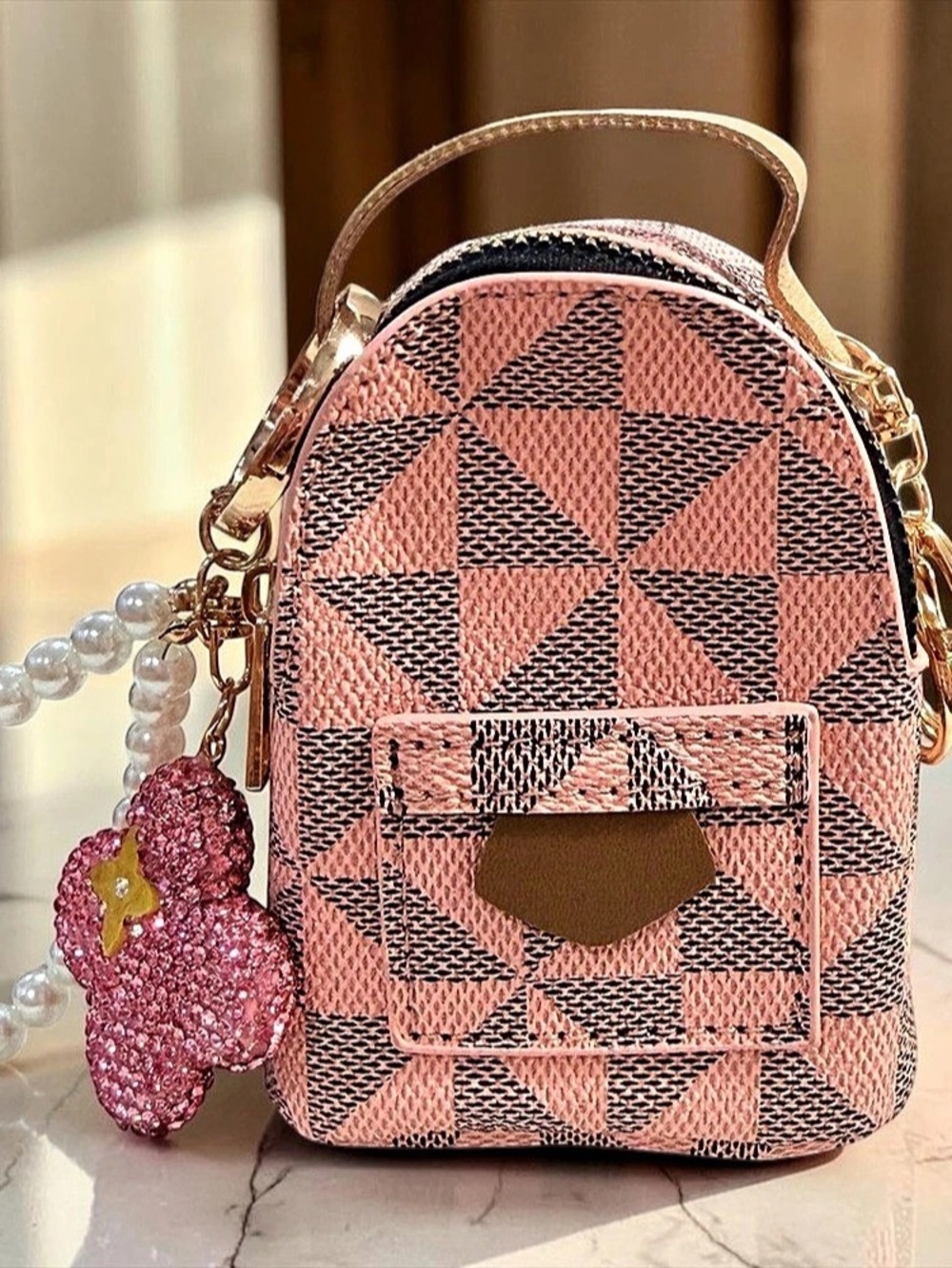 Blush Pink Mini Backpack Keychain Pearl Wristlet & Rhinestone Clover Charm